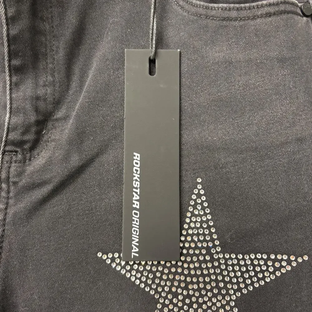 Rockstar Original Stargirl Super Stacked Flare Jeans Black Rhinestone XL NWT
